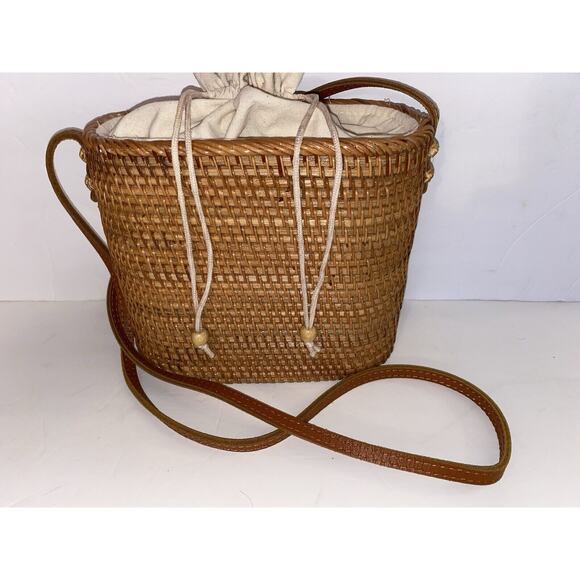 Handmade Handbags - Brown Wicker Oblong Lined Drawstring Lining Leather Crossbody Strap Handbag